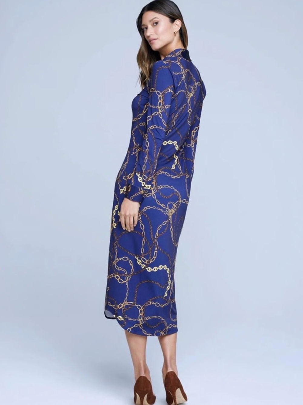 L'AGENCE Navy and Gold Chain-Print Midi Shirt Dress